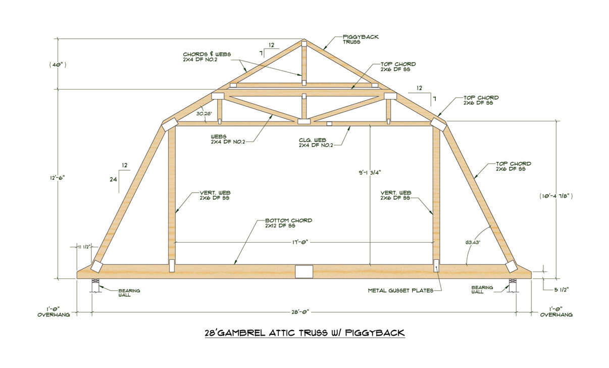 24' Attic Truss, with a 12/12 pitch and 12" overhang. This truss is ...